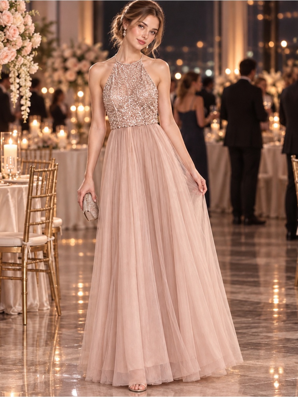Adrianna Papell Size 12 Blush Beaded Formal Gown Prom Wedding Holiday NYE